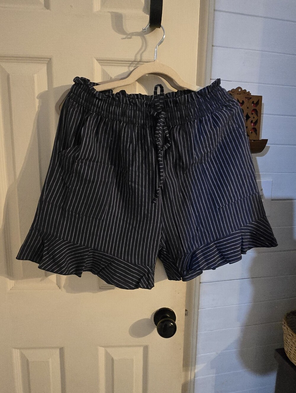 Women's Navy Pinstripe Ruffle Hem Shorts